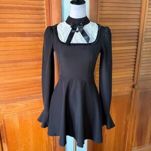 Dolls Kill Gothic Lolita Wednesday Addams Pentagram Bat White Lace Bow Dress S